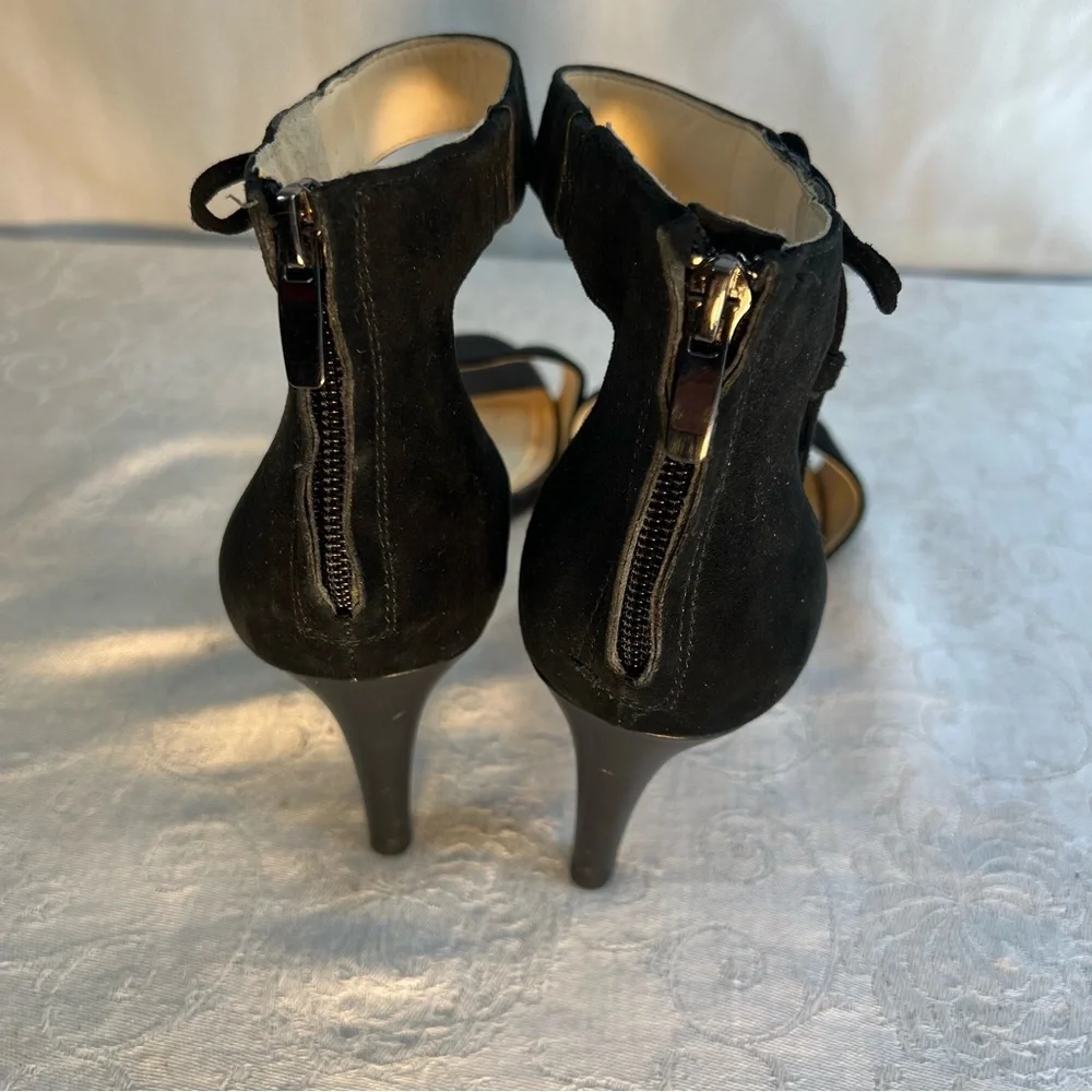 Alex Marie Shoes Black Suede Ankle Strap W/Tassels Zipper Heel 3 3/4” Heels 9.5